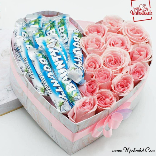 Pink Preserved Roses in a heart box With Chocolate